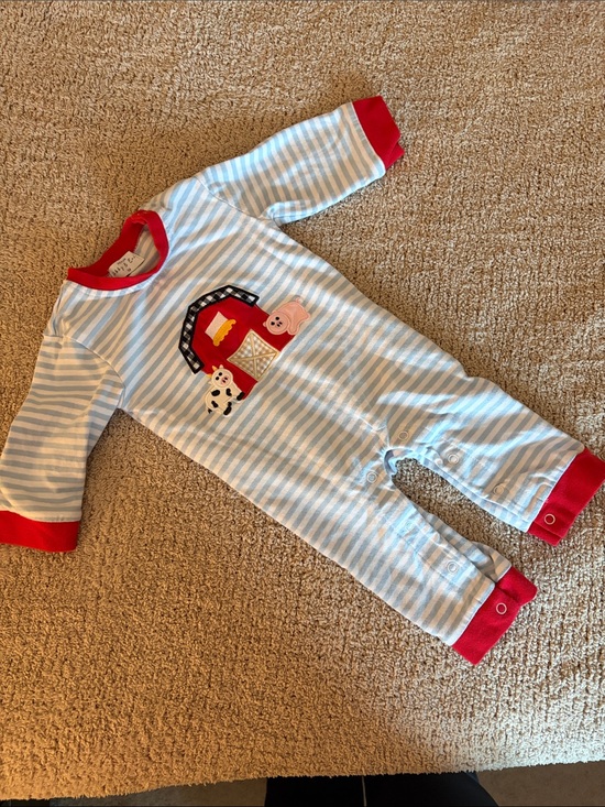 Abby & Evie Other - NWOT Striped Blue & Red Barn Applique Baby One-Piece Bodysuit